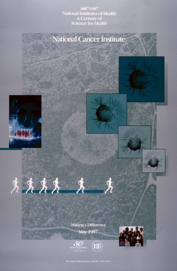 Buntes Plakat mit einem blauen Hintergrund und weißer Schrift, die in fetter, Großbuchstaben den Text "National Cancer Institute" umgibt, umgeben von überlappenden Bildern von lachenden Menschen verschiedenen Alters, Geschlechts und Ethnien, die in einem Kreis angeordnet sind.