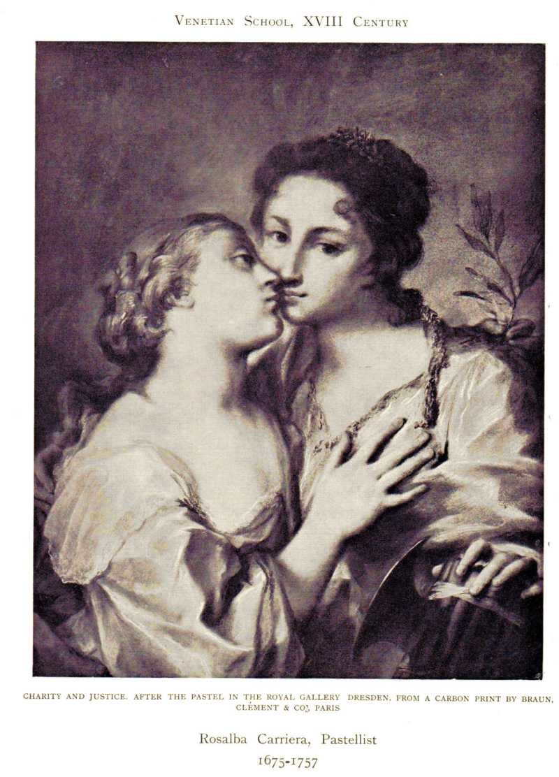 Plakat mit zwei Frauen, wobei eine die andere küsst, mit Text unten lesend "Barmherzigkeit und Gerechtigkeit nach dem Pastell in der Königlichen Galerie Dresden, aus einem Kohleabzug von Braun".