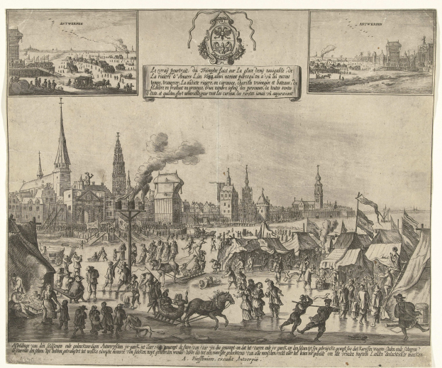 Ein detailliertes Stadtbild mit Gebäuden, Menschen, Pferden, Karren, Zelten, Pfählen, Flaggen und anderen Gegenständen, mit Text und Logo oben und unten auf dem Papier.