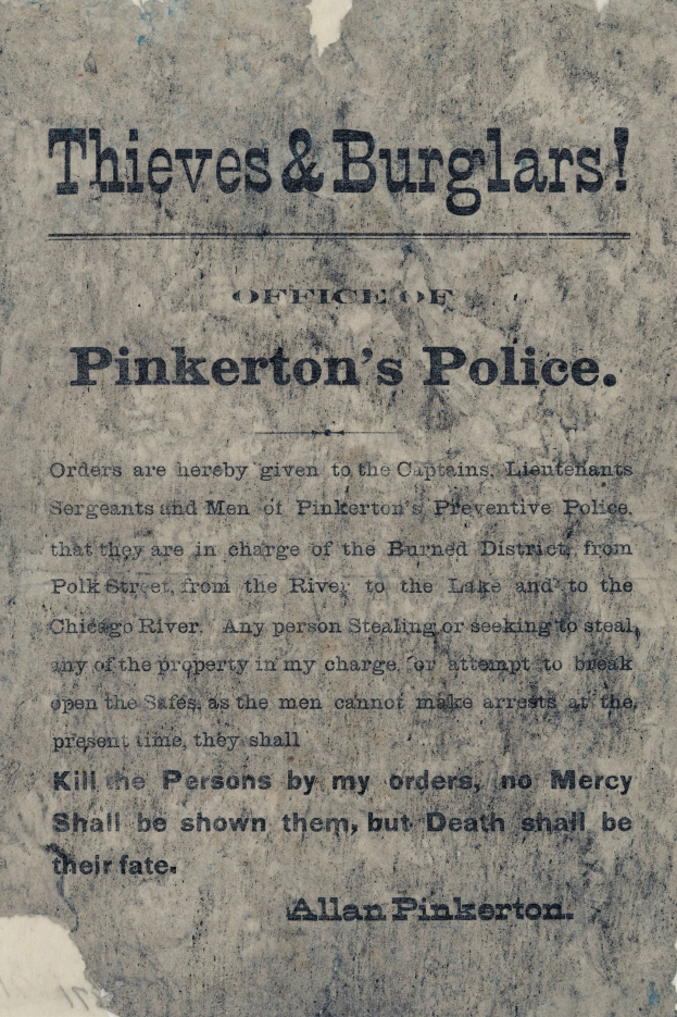 Ein Plakat mit fetter schwarzer Schrift, die 'Diebe & Einbrecher Pinkerton's Police' auf einem weißen Hintergrund zeigt, eingerahmt von einem schmalen schwarzen Rand.