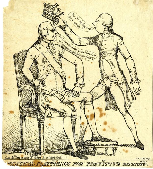 Ein Mann sitzt auf einem Stuhl mit einer Krone auf dem Kopf, neben ihm steht eine andere Person, und unten steht Text "Politische Spielzeuge für Prostituierte Patrioten".