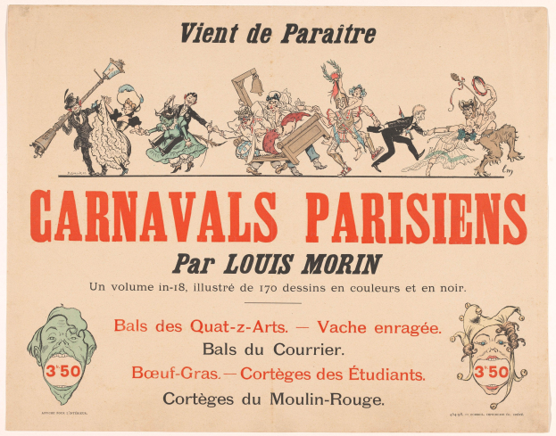 Ein Papier mit dem Titel 'Carnivals Parisiens par Louis Morin', das farbenfrohe Karnevalsillustrationen mit kostümierten Figuren und fetter Schrift enthält.