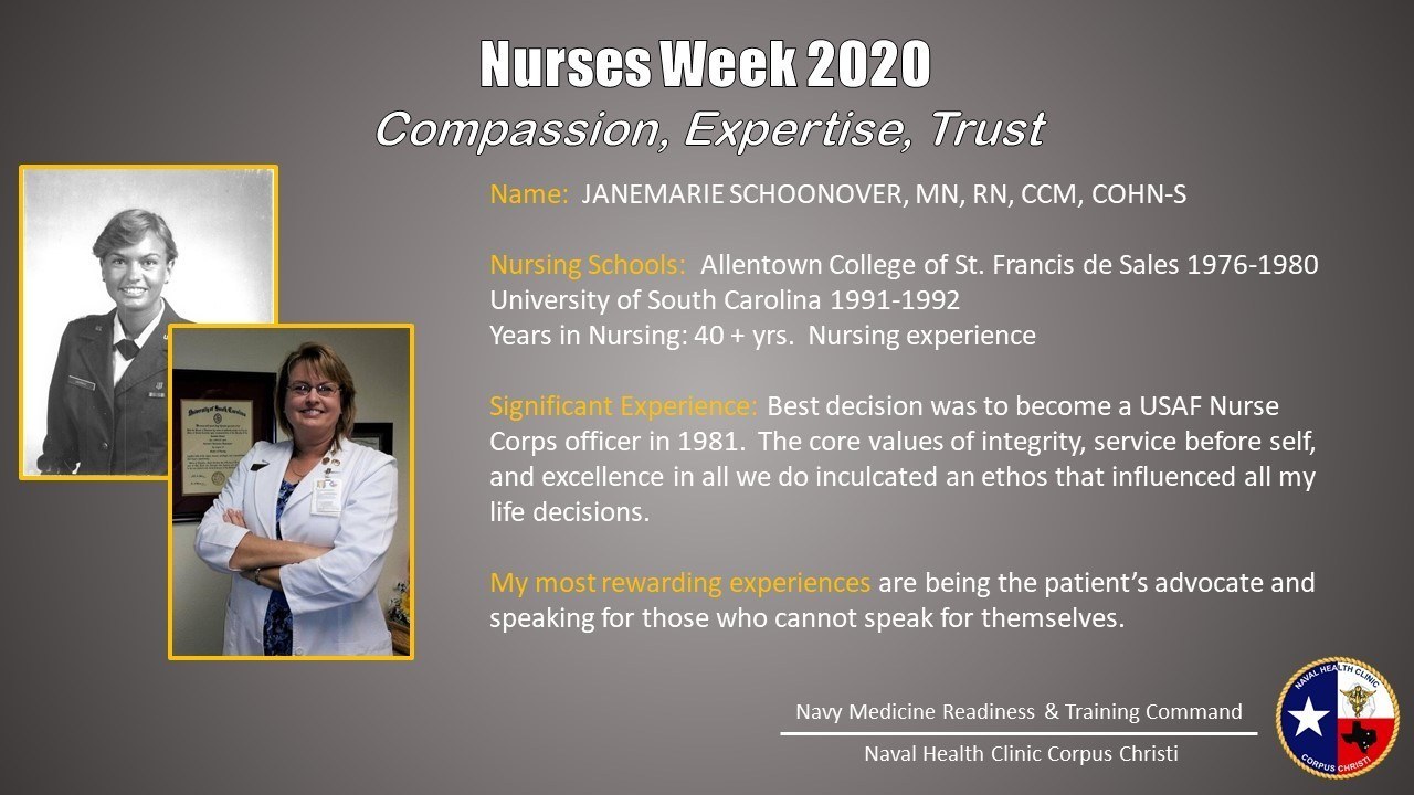 Plakat zur Nurses Week 2020 mit zwei Nurse-Fotos auf der linken Seite und dem Text "Mitgefühl, Expertise, Vertrauen" auf der rechten Seite, darunter ein Logo.