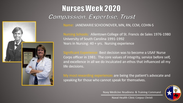 Plakat zur Nurses Week 2020 mit zwei Nurse-Fotos auf der linken Seite und dem Text "Mitgefühl, Expertise, Vertrauen" auf der rechten Seite, darunter ein Logo.