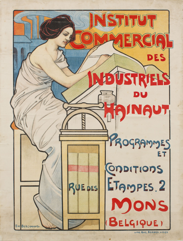 Plakat für das Institut Commercial des Industriels du Hainaut mit einer Frau an einem Tisch sitzend, die ein Buch hält, mit Text, der Details über das Institut enthält.