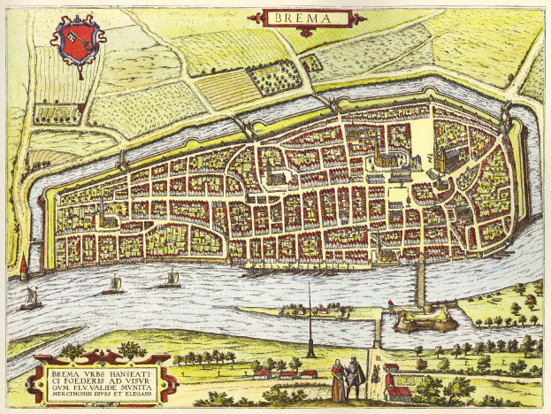 Detailreiche illustrierte Stadtplan-Poster von Bremen, Deutschland, zeigt Straßen, Gebäude und Sehenswürdigkeiten mit begleitendem Text.