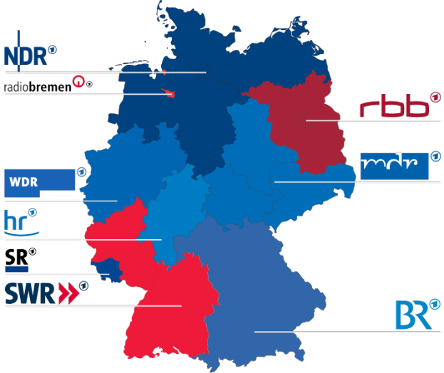 Eine Deutschlandkarte mit roten und blauen Bundesländern, die die Ergebnisse der Wahl von 2016 zeigen, einschließlich der Namen der Kandidaten und des Wahltermins.