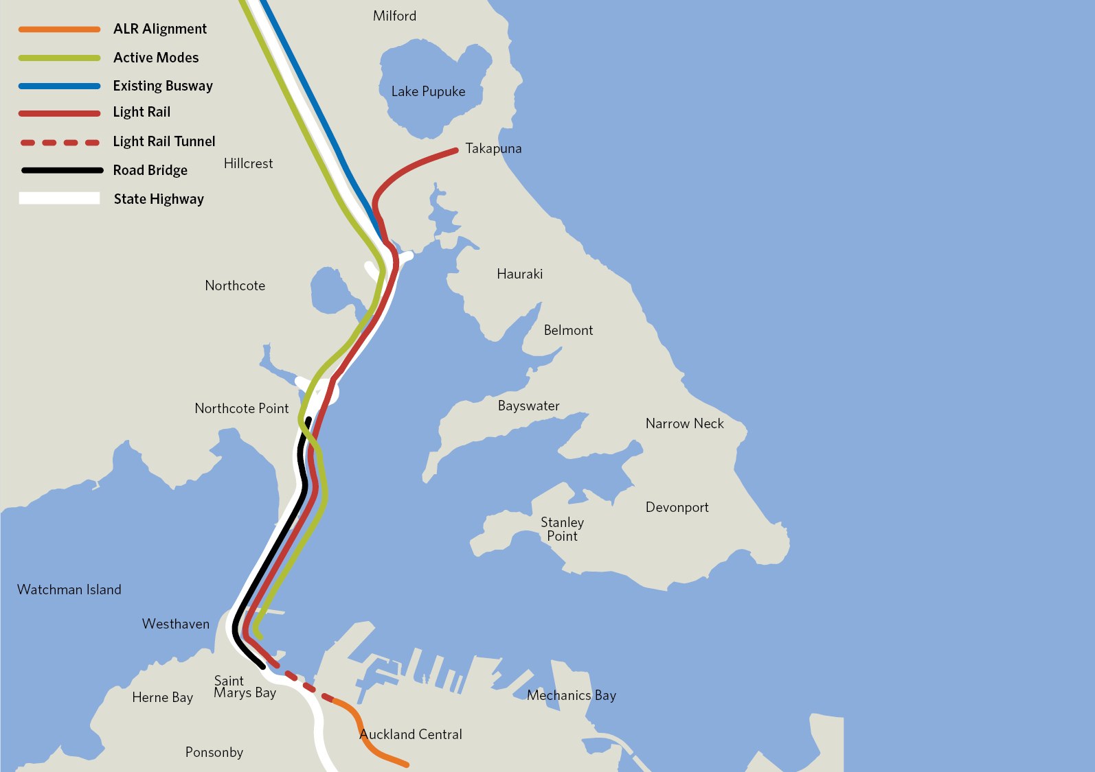 Eine detaillierte Stadtkarte mit einer roten Linie, die eine vorgeschlagene Bahnroute markiert, einschließlich beschrifteter Haltestellen und umliegender Gebiete.