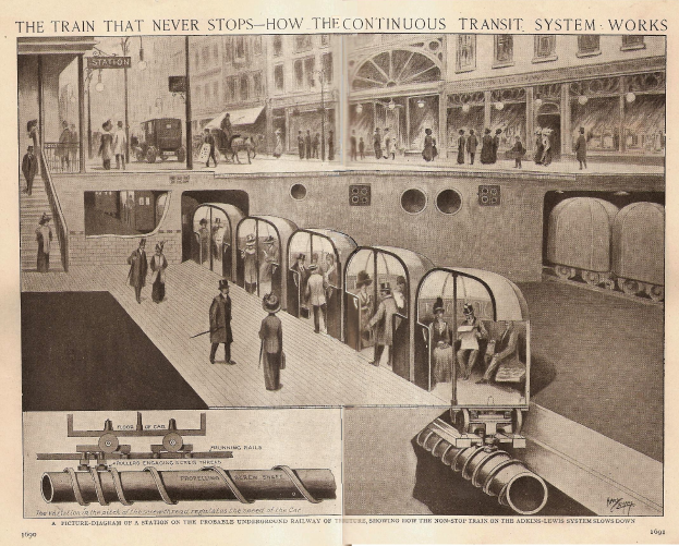 Ein Bild mit Fotos von Menschen, Zügen und anderen Gegenständen sowie einem Text mit der Überschrift "Der Zug, der nie hält - wie das ständige Transportsystem funktioniert".