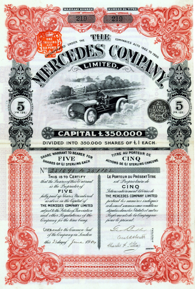 Aktienzertifikat der Mercedes-Benz Company Limited mit klassischer Auto-Illustration und fetter, zentrierter Schrift auf hellblauem Papier.