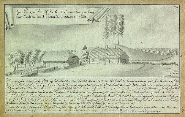 Ein verblichenes historisches Dokument mit der Aufschrift "Surgensburg, Deutschland - Landschaft einer Farm" zeigt eine zentrale Farm-Illustration umgeben von Häusern, Bäumen und Himmel.