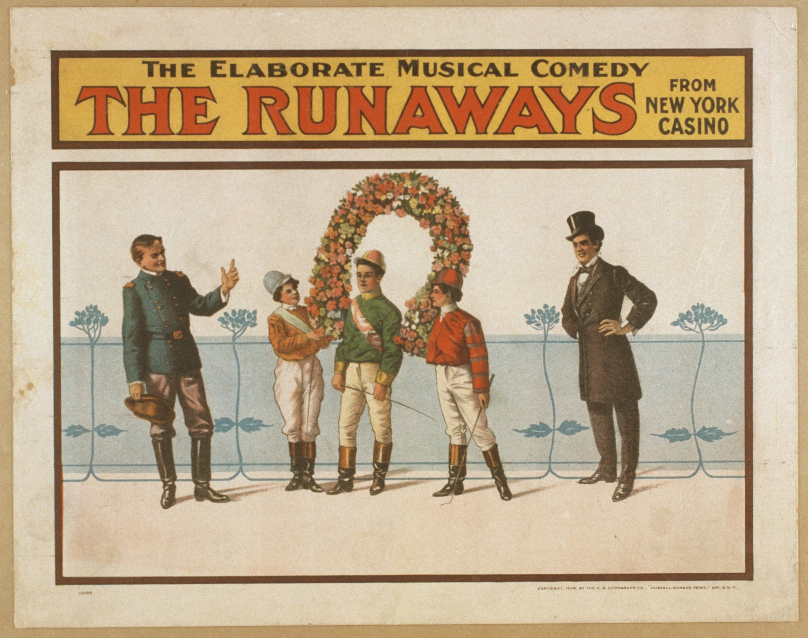 Plakat für "Elaborate Musical Comedy Runaways from New York Casino" mit einer Gruppe von Menschen in einer Reihe, einer Person mit Blumenstrauß und Textbeschreibung.