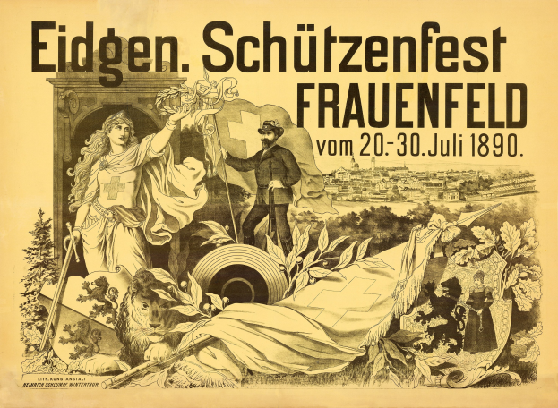 Plakat für das Eidgenössische Schützenfest in Frauenfeld, Deutschland, das einen formell gekleideten Mann und eine Frau neben den Veranstaltungseinzelheiten zeigt.