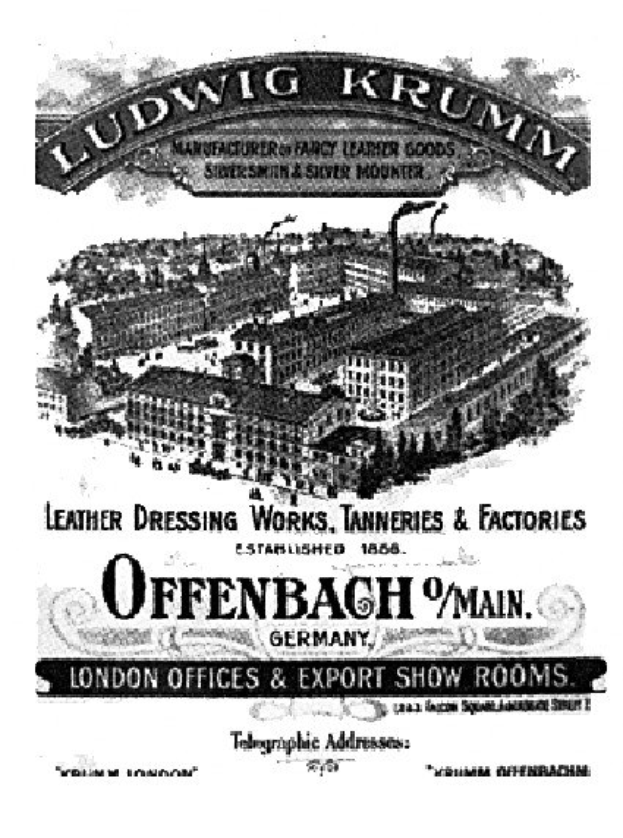 Ein Schwarz-Weiß-Bild eines Gebäudes mit dem Text "Ludwig Krumm Lederverarbeitungsbetrieb, Gerbereien & Fabriken, Offenbach, Deutschland" darauf.