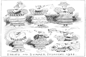 Fashion-Illustration von Frauen, die 1932 Frühjahrs- und Sommerkleider tragen, mit begleitendem beschreibendem Text.