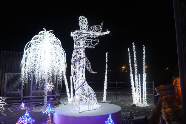 Weihnachtslichter in einer skulpurartigen Formation erhellen einen Park in der Nacht.