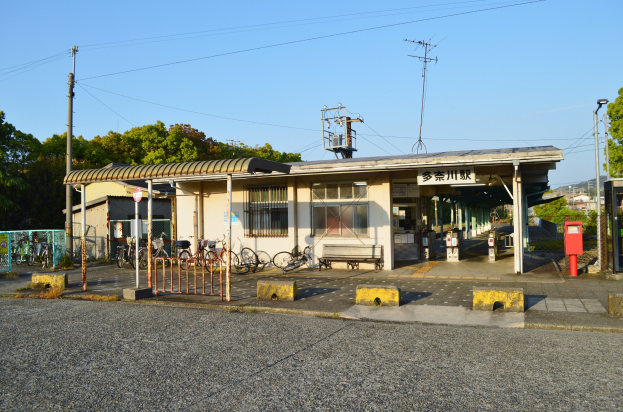 Ein Bahnhof mit vor ihm geparkten Fahrrädern, eine Straße unten, Häuser und Bäume im Hintergrund und einen klaren blauen Himmel.