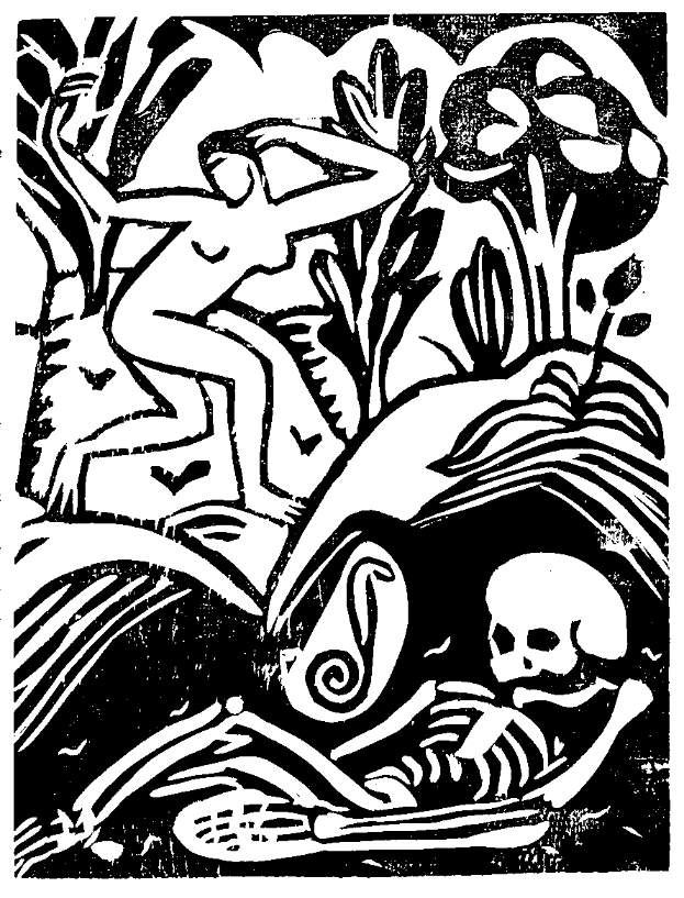 Eine Schwarz-Weiß-Zeichnung eines Skeletts, das auf dem Boden in einem grünen Wald liegt, mit ausgestreckten Armen und dem Kopf auf dem Rücken ruhend, während eine Person im Hintergrund nach oben zum Skelett schaut, unter einem tiefblauen Himmel.