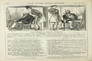 Eine Schwarz-Weiß-Illustration eines alten Buchcovers mit einem sitzenden Mann in einem Anzug mit ernstem Gesichtsausdruck und einer stehenden Frau, die wegsieht, betitelt mit "Die Macht der öffentlichen Meinung."