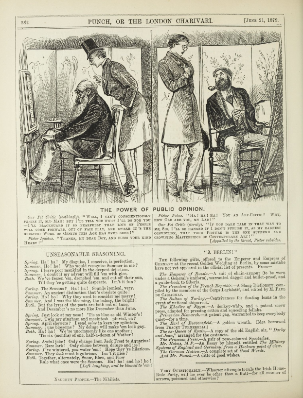 Eine Schwarz-Weiß-Illustration eines alten Buchcovers mit einem sitzenden Mann in einem Anzug mit ernstem Gesichtsausdruck und einer stehenden Frau, die wegsieht, betitelt mit "Die Macht der öffentlichen Meinung."