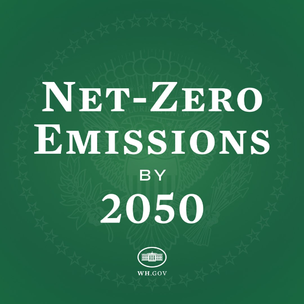 Grüner Hintergrund mit fetter weißer Schrift, die "netto-null-Emissionen bis 2050" anzeigt.