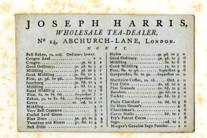 Papier mit gedrucktem Text "Joseph Harris Großhandels-Teehändler, Nr. 14, Abchurch Lane, London".
