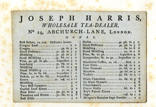 Papier mit gedrucktem Text "Joseph Harris Großhandels-Teehändler, Nr. 14, Abchurch Lane, London".