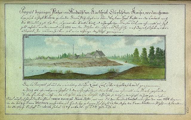 Altes Buch mit dem Titel "Deutsche Landschaften, Landschaft und Landschaft Deutschlands, 18. Jahrhundert" mit einer Illustration eines Flusses, eines Hauses, Bäume, Gras und einem wolkenverhangenen Himmel.
