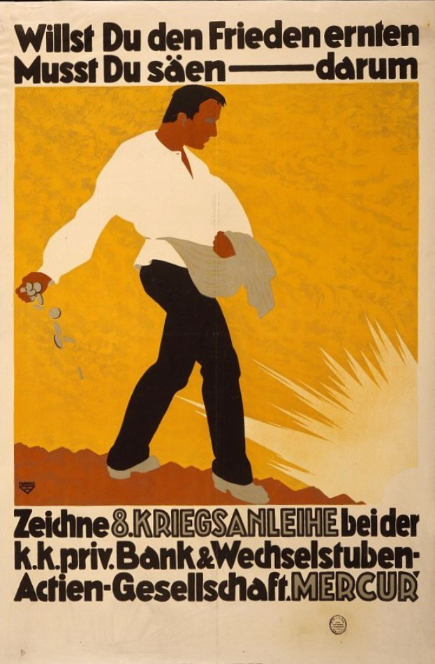 Deutsches Propagandaplakat für die Bank von Deutschland mit einem Mann in einem weißen Hemd und schwarzen Hosen und Text über die Dienstleistungen der Bank.