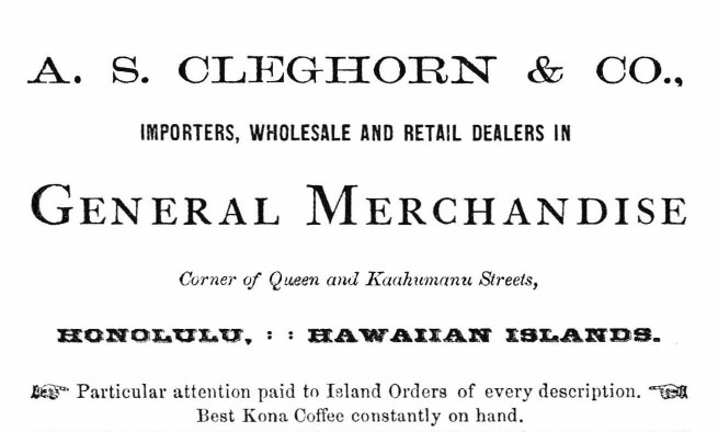 Schwarz-weißes Papier mit gedrucktem Text "A.S. Cleghorn & Co. Importeure, Groß- und Einzelhandelsgeschäfte."