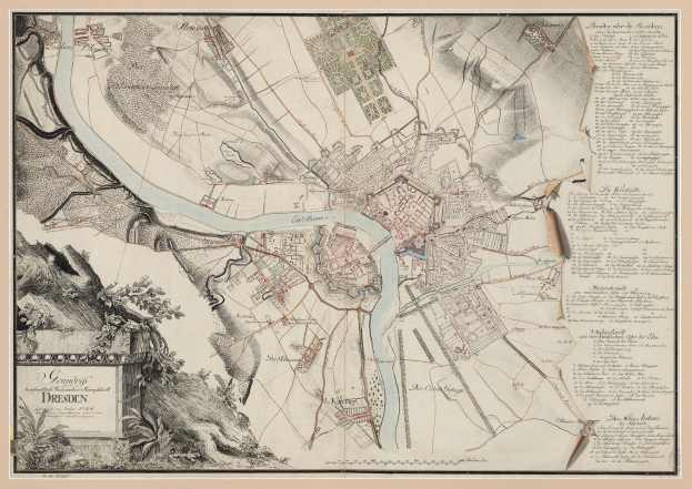 Ein detaillierter alter Stadtplan von Dresden, Deutschland, der Straßen, Gebäude und Sehenswürdigkeiten zeigt.