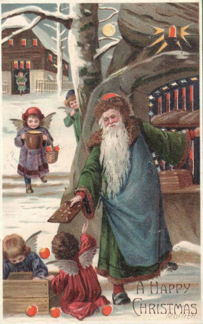 Altmodische Weihnachtskarte mit Santa Claus in rot-weißer Kleidung, der einen Geschenkesack und einen Bonbonstab hält und von zwei geflügelten Kindern in bunten Kleidern begleitet wird, vor dem Hintergrund von schneebedeckten Häusern, Bäumen und dem Text "Fröhliche Weihnachten" unten.