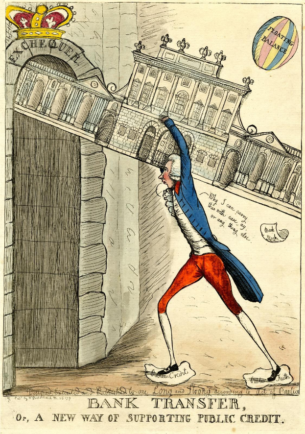 Cartoon eines Mannes in blauer Jacke und roter Hose mit Krone, der vor einem Gebäude steht, mit Text unten: "Banktransfer, oder, eine neue Art der Unterstützung des öffentlichen Kredits."