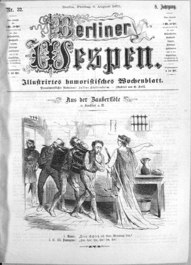 Altes Schwarz-Weiß-Zeitung vom 6. August 1875, betitelt "Berliner Wespen", zeigt eine besorgte Gruppe von Menschen, einige schauen ängstlich hoch, andere verwirrt runter.