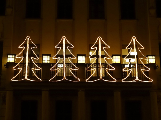 Ein Gebäude mit Fenstern und Säulen, das mit festlichen Weihnachtslichtern in Form von Bäumen geschmückt ist und eine gemütliche Feiertagsatmosphäre schafft.