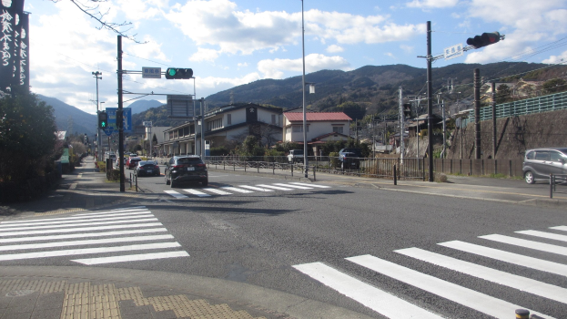 Stadtstraße mit fahrenden Autos, eine Fußgängerüberquerung, Strommasten mit Drähten, Verkehrsampeln, Gebäude mit Fenstern, Bäume, ferne Hügel und ein bewölkter Himmel.
