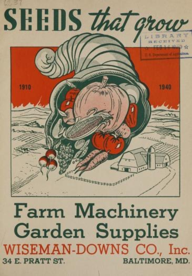 Weinplakat von Wiseman-Downs Co., Inc. (1910–1940) zur Werbung für Landmaschinen, Gartenzubehör und Saatgut.