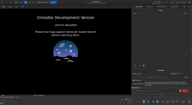 Screenshot eines Computerbildschirms mit der fettgedruckten weißen Schrift 'instabile Entwicklungsversion' auf schwarzem Hintergrund, wobei 'unaufhaltsame Entwicklung' in hellblau hervorgehoben ist, zusammen mit Symbolen für eine Suchleiste, Dropdown-Menü und Fortschrittsbalken.