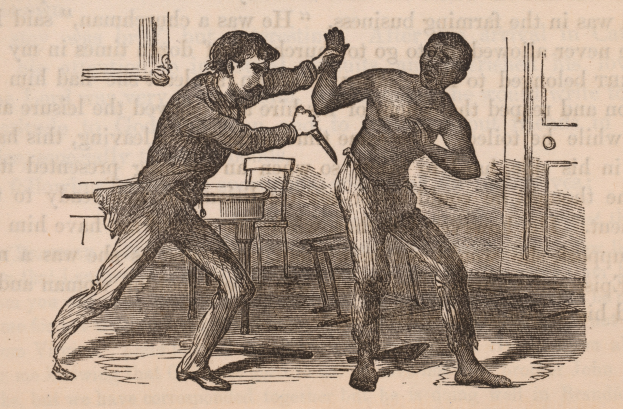 Zwei Männer kämpfen, einer hält ein Messer, mit Stühlen und einem Tisch im Hintergrund und Text unten.