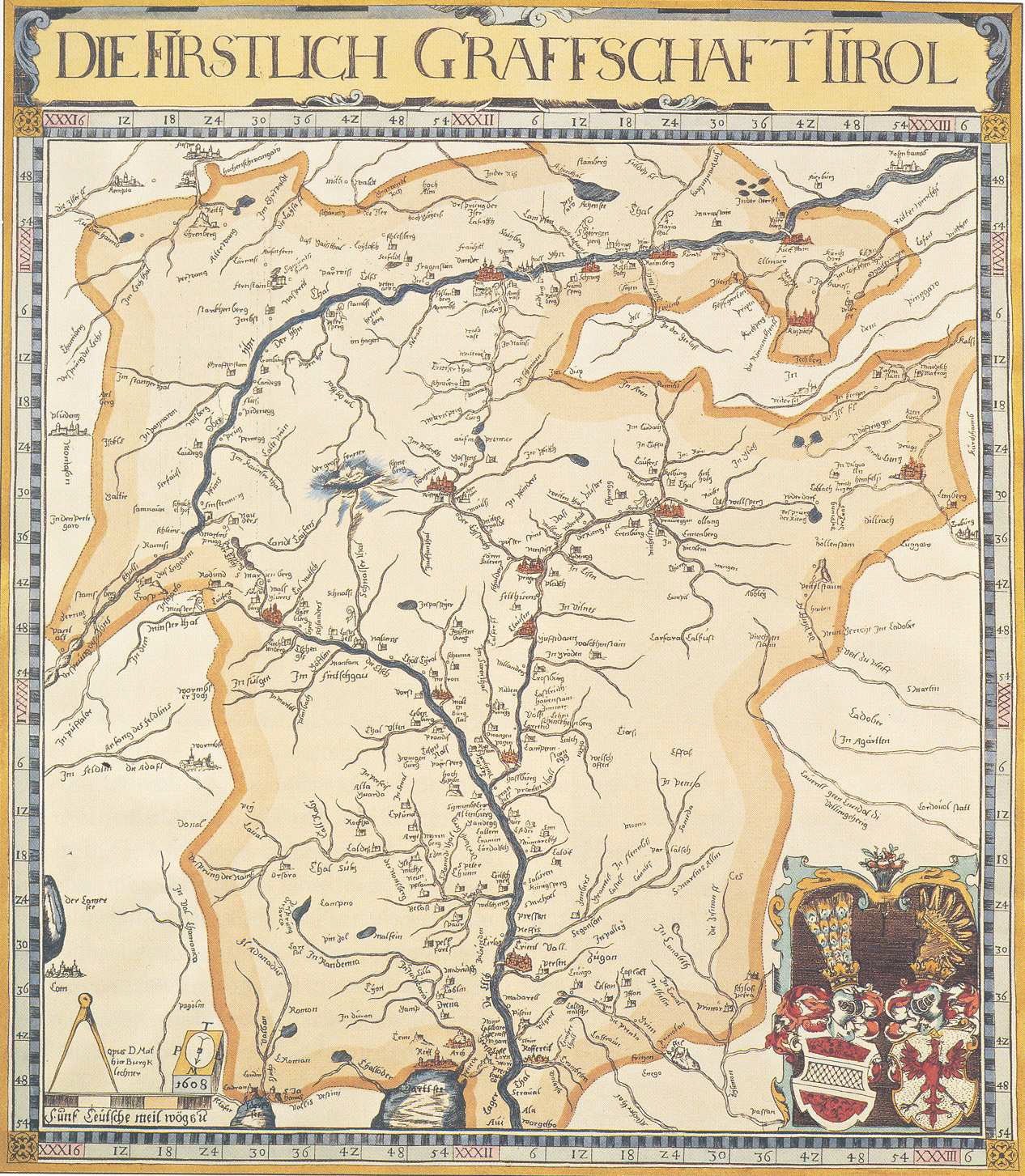 Ein detailliertes historisches Plakat der ersten Grafschaft Tirol mit einer Karte, die geografische Merkmale wie Flüsse, Berge und Städte zeigt, begleitet von erklärendem Text.