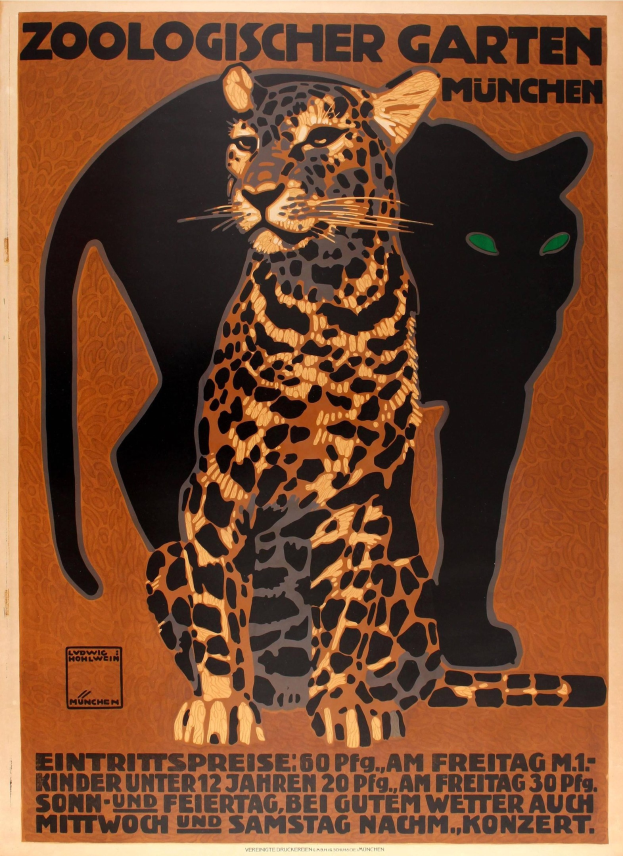 Plakat bewirbt Zoo in München, Deutschland, mit Bildern eines Leoparden und einer Katze und Textinformationen zum Zoo.