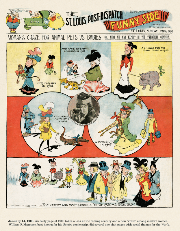 Eine Zeitungsseite aus der St. Louis Post-Dispatch Funny Side, die farbenfrohe, humorvolle Illustrationen von Menschen, Tieren und Gegenständen zeigt, mit verspieltem Text in einer märchenhaften Schrift.