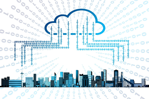 Animierter Stadtplan mit einem Cloud-Computing-Symbol in der Mitte, umgeben von Binärcode, mit Gebäuden und einem Turm im Hintergrund.