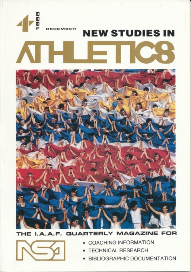 Ein Buchumschlag mit der Aufschrift "New Studies in Athletics 1988", der eine Gruppe von Menschen in Sportkleidung zeigt, die unter einem hellblauen Himmel mit weißen Wolken und fernen Bäumen trainieren.