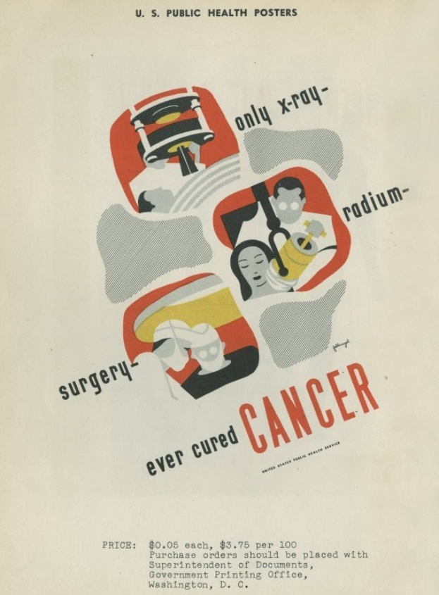 Ein Plakat mit einem Mann in Anzug, Laborkittel und Stethoskop, der entschlossen aussieht, vor einem hellrosa Hintergrund mit der Schrift "Chirurgie hat Krebs je geheilt" in weißer Schrift.