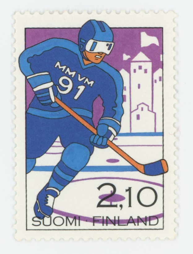 Eine Briefmarke mit einem Hockey-Spieler in einem blauen Trikot, der einen Hockey-Schläger hält, mit der Aufschrift "Schweden" darauf.