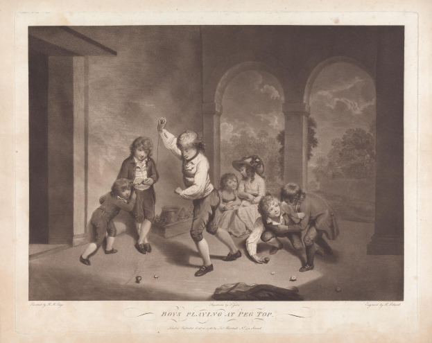 Eine Gruppe von Kindern spielt ein Spiel mit Stiften in einem Raum mit einer Wand, Säulen, Bäumen und einem wolkenverhangenen Himmel im Hintergrund, mit dem Text 'Jungen beim Stifte-Spiel' unten.