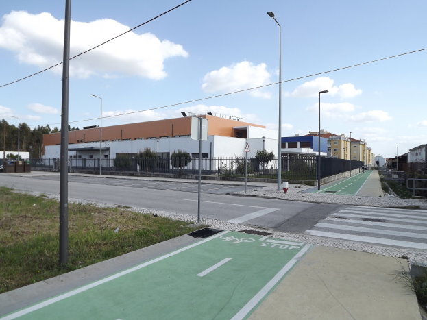 Grüne Fahrradspur in der Mitte einer Stadtstraße, gesäumt von Gras, Pfählen, Laternen, Brettern, Zaun, Pflanzen, Bäumen und Gebäuden unter einem bewölkten Himmel.