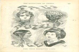 Ein altes Buchcover mit vier FrauenGesichtern und der Text "Die queere Seite der Dinge".