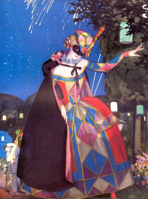 Eine Frau in einem bunten Kleid und Maske steht vor einem Baum, umgeben von Menschen, Pflanzen mit Blumen und Laternen, die an den Bäumen hängen, mit Hügeln und einem sternenklaren Himmel im Hintergrund während einer Silvesterfeier.